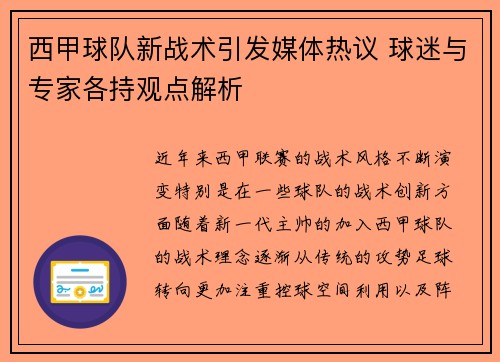 西甲球队新战术引发媒体热议 球迷与专家各持观点解析