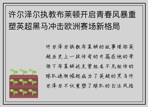 许尔泽尔执教布莱顿开启青春风暴重塑英超黑马冲击欧洲赛场新格局