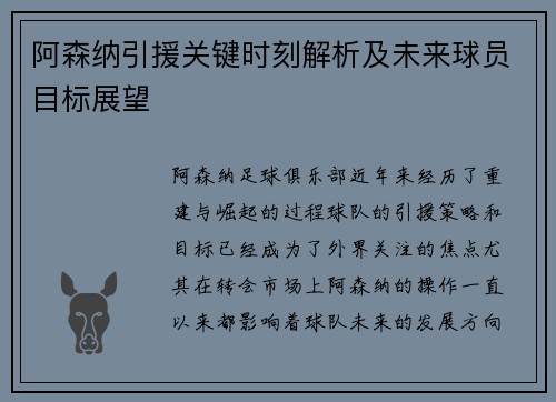 阿森纳引援关键时刻解析及未来球员目标展望